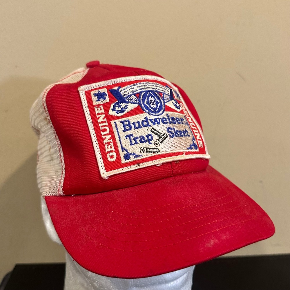 Vintage Budweiser Trap Skeet Trucker Hat Red White Mesh Snapback Cap